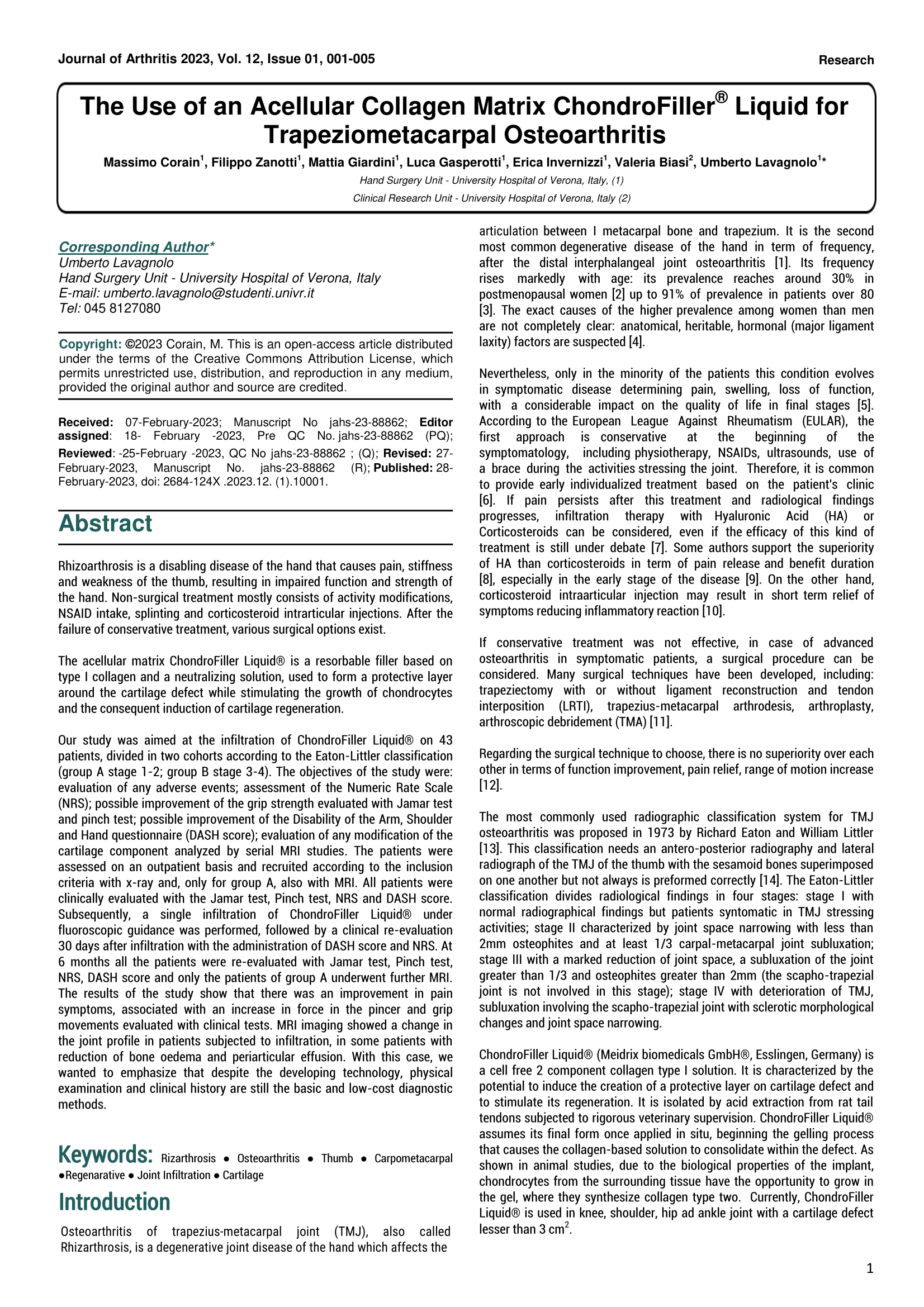 Paper on arthritis of the thumb treated with ChondroFiller®.