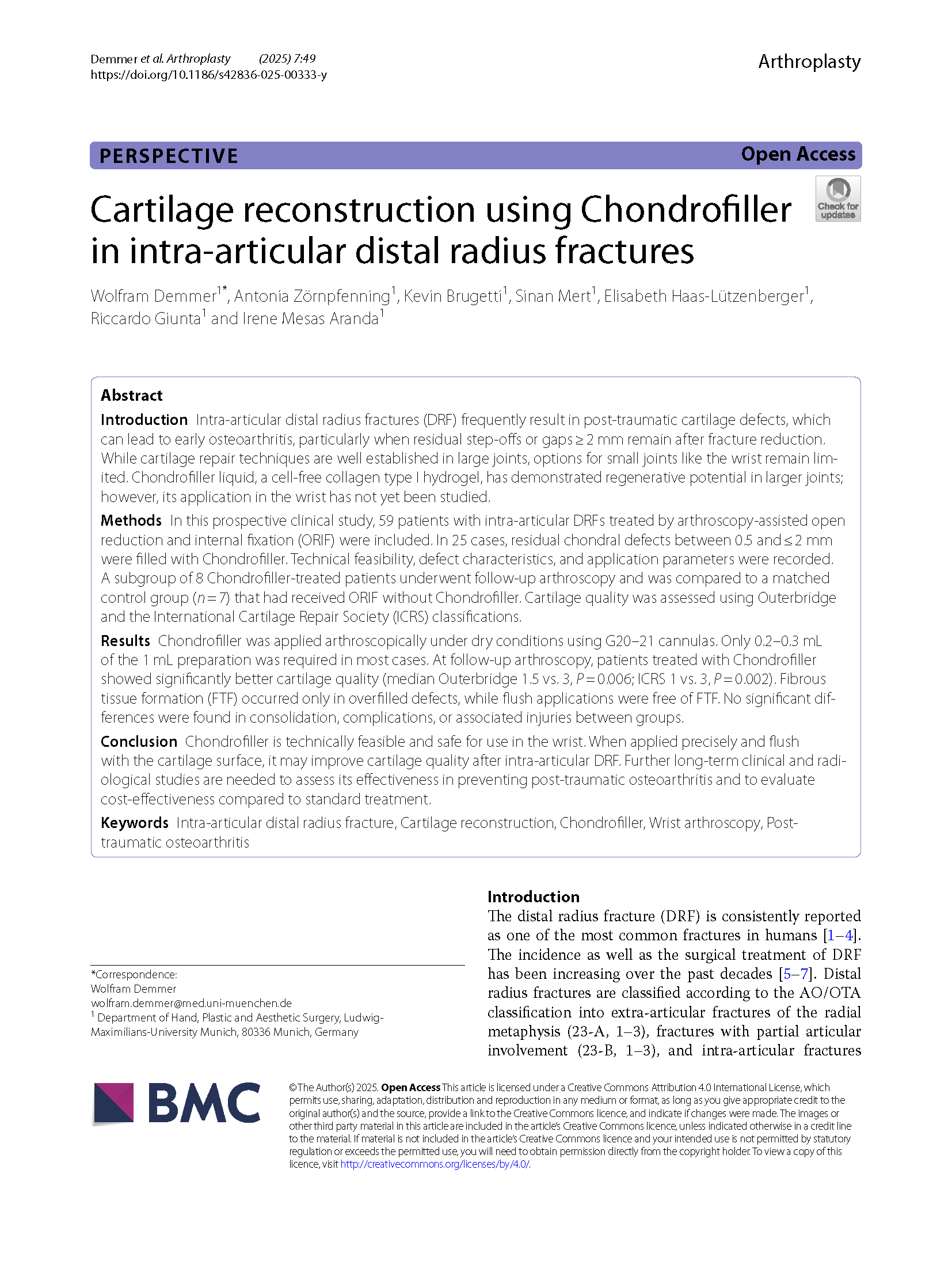 Paper on cartilage reconstruction using ChondroFiller® in distal radius fractures.