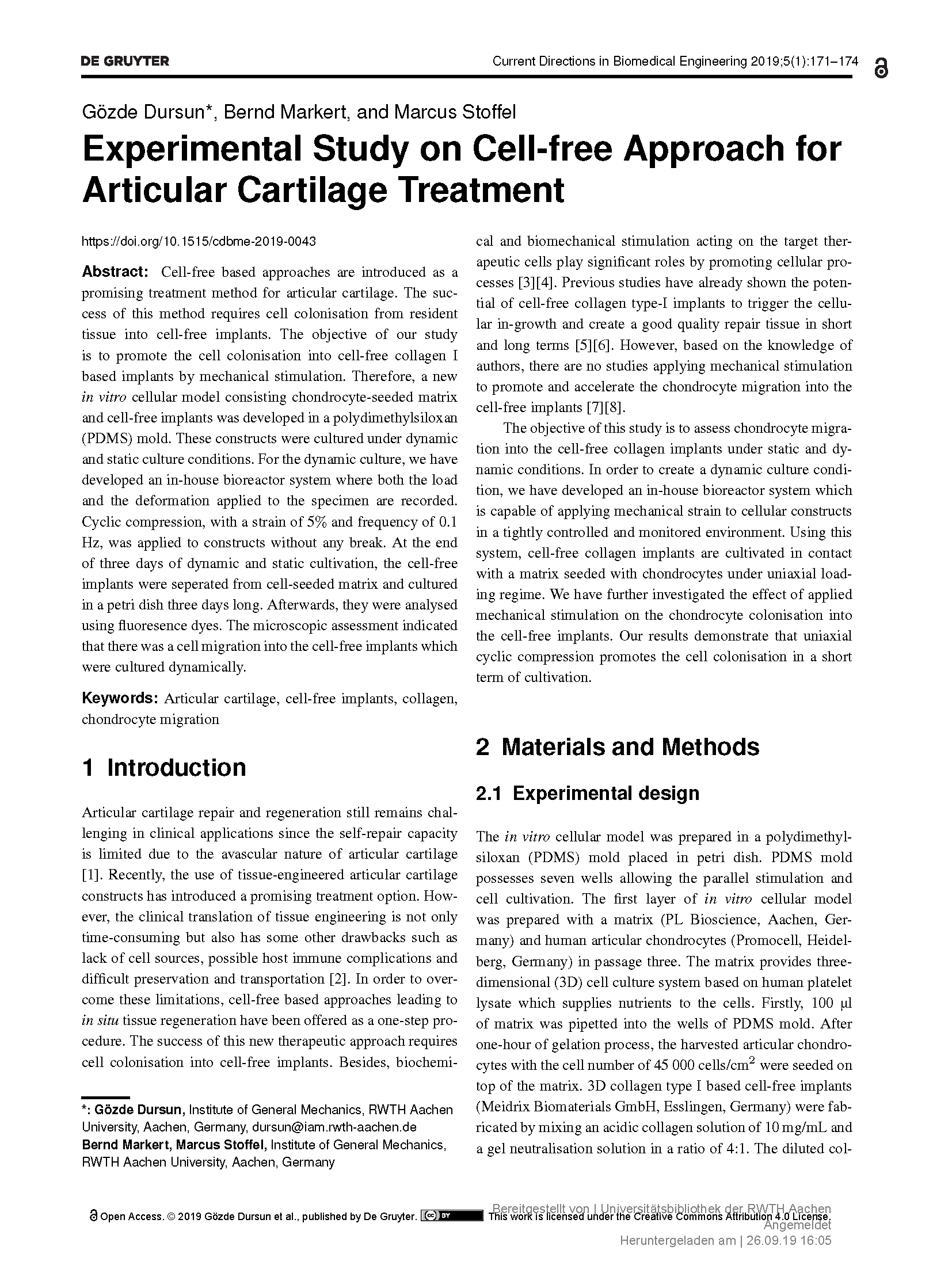 Paper on a cell-free approach to cartilage repair.