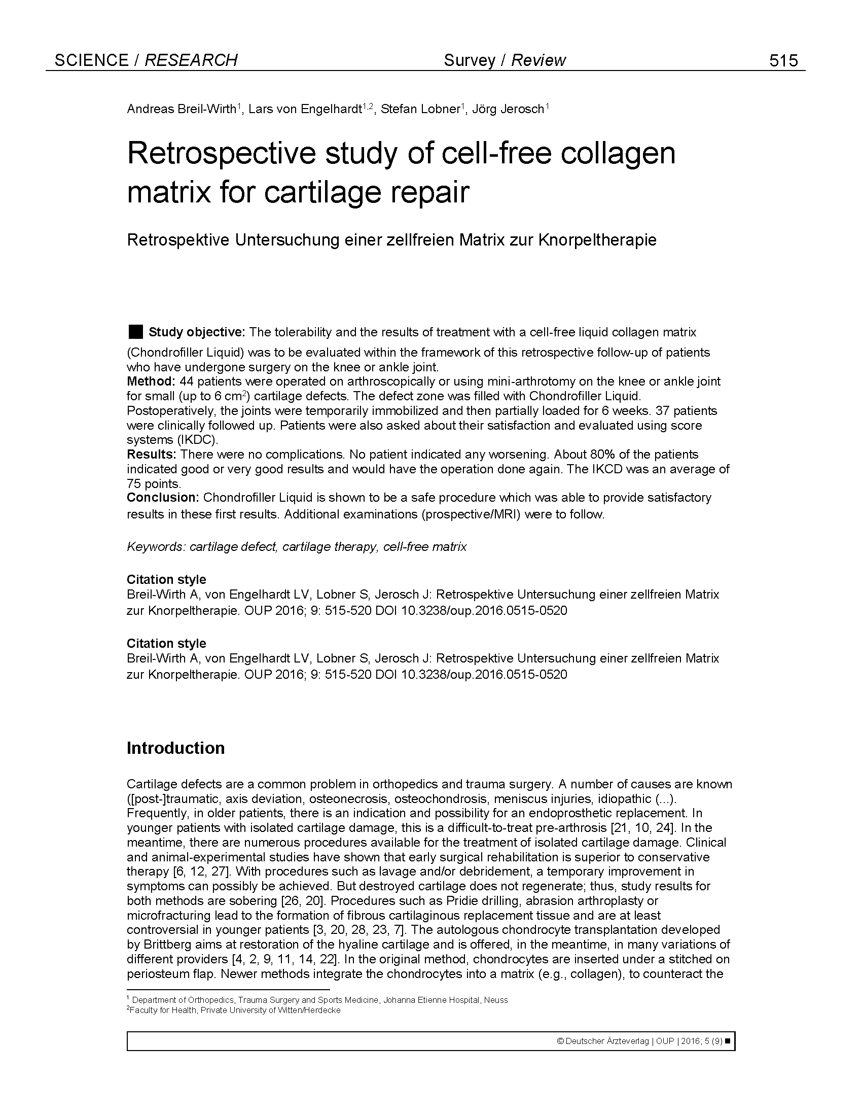 Paper on collagen matrix for cartilage repair.