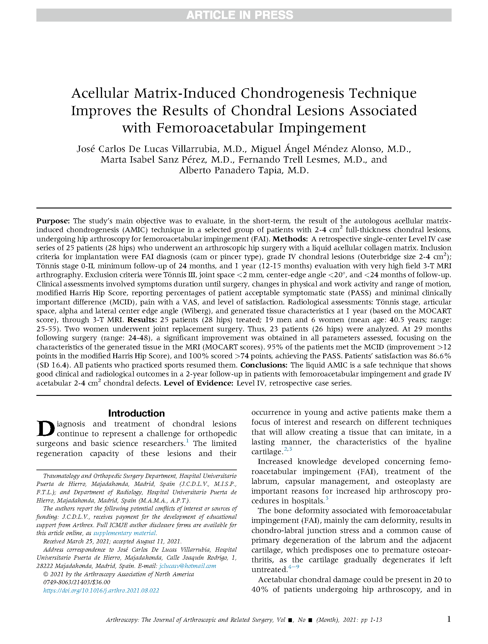 Paper on femoroacetabular impingement and cartilage repair.