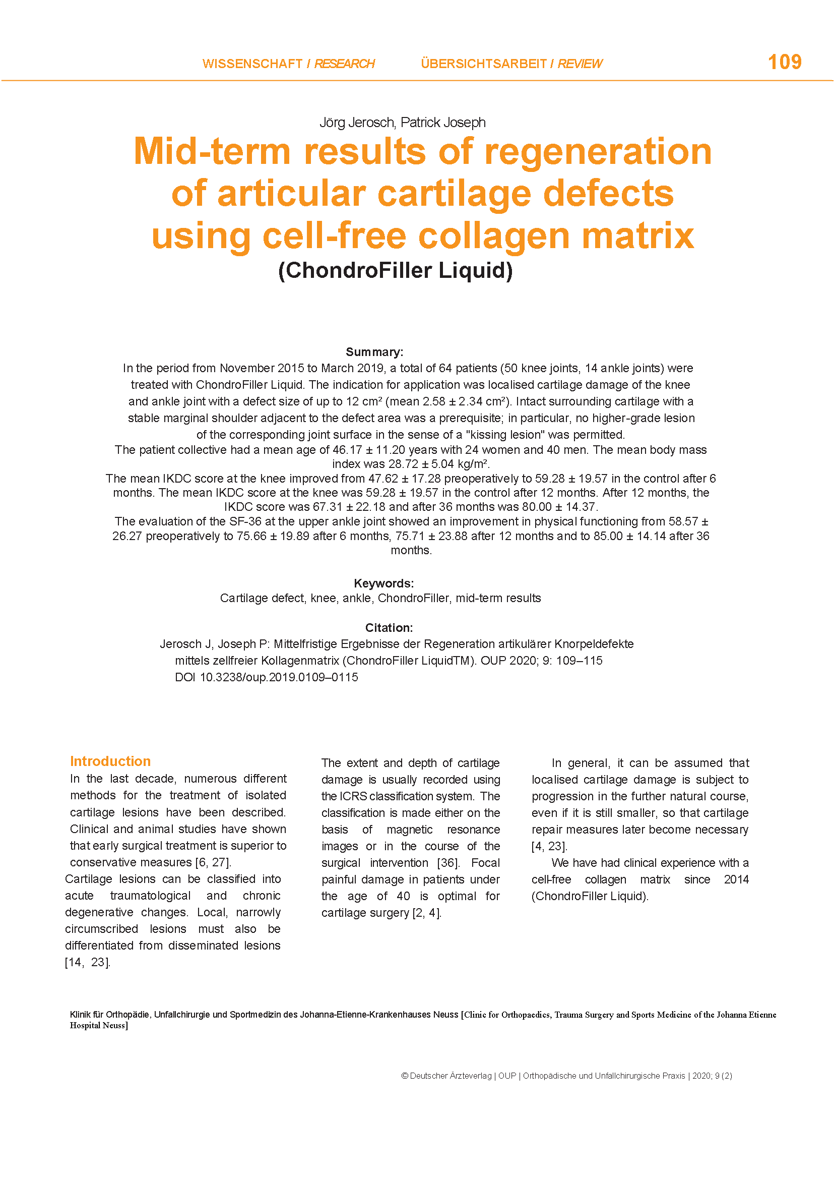 Paper on regeneration of cartilage defects with ChondroFiller®.